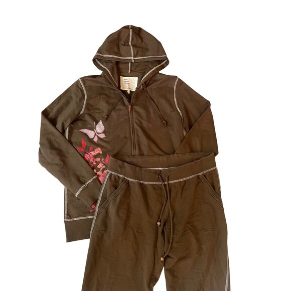 Pure Simple Natural Brown Lounge Set Women’s Size L Y2K Sweatsuit Floral Pattern - Picture 2 of 6
